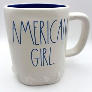 Rae Dunn American Girl Mug Embossed Stars USA White Blue Patriotic